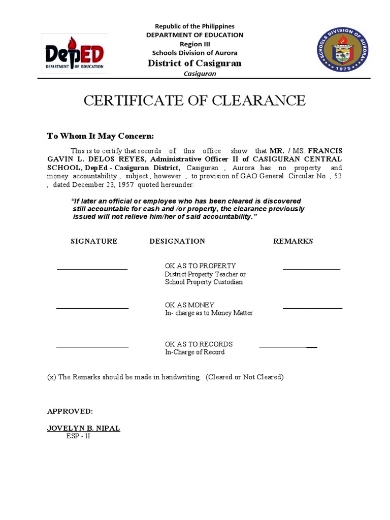 Certificate of Clearance | PDF