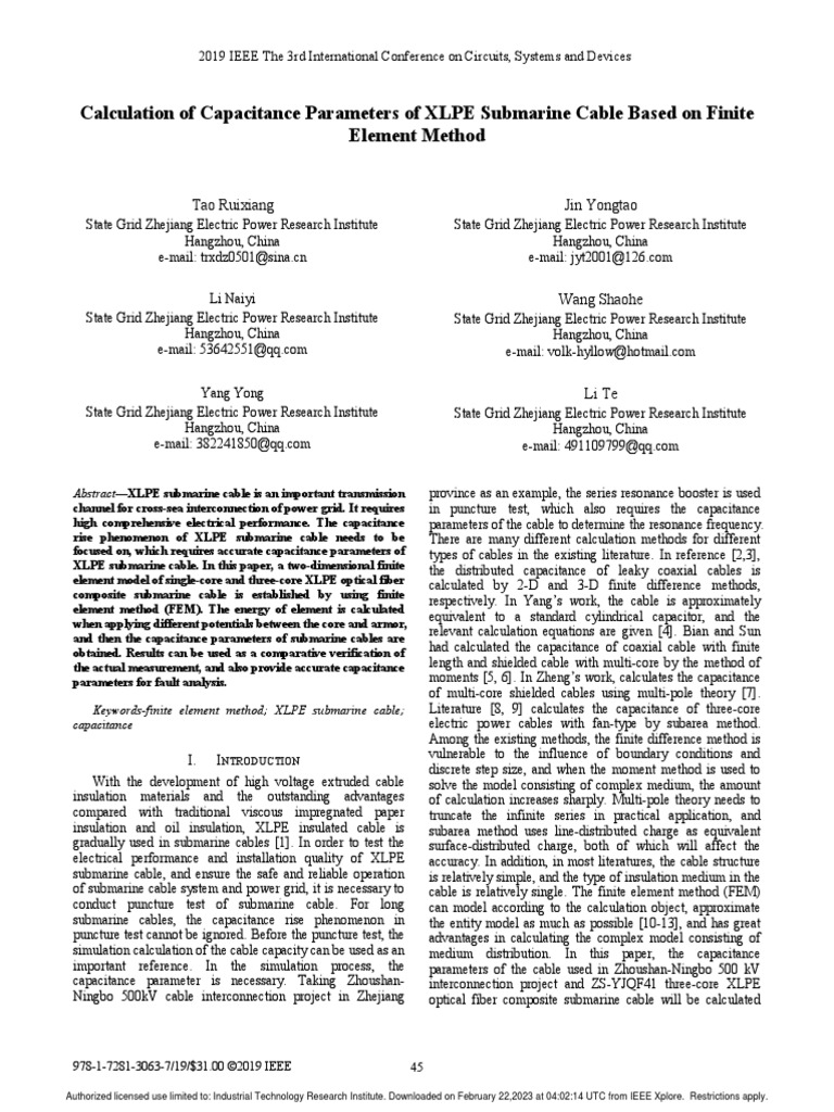 Calculation of Capacitance Parameters of XLPE Submarine Cable Based On ...
