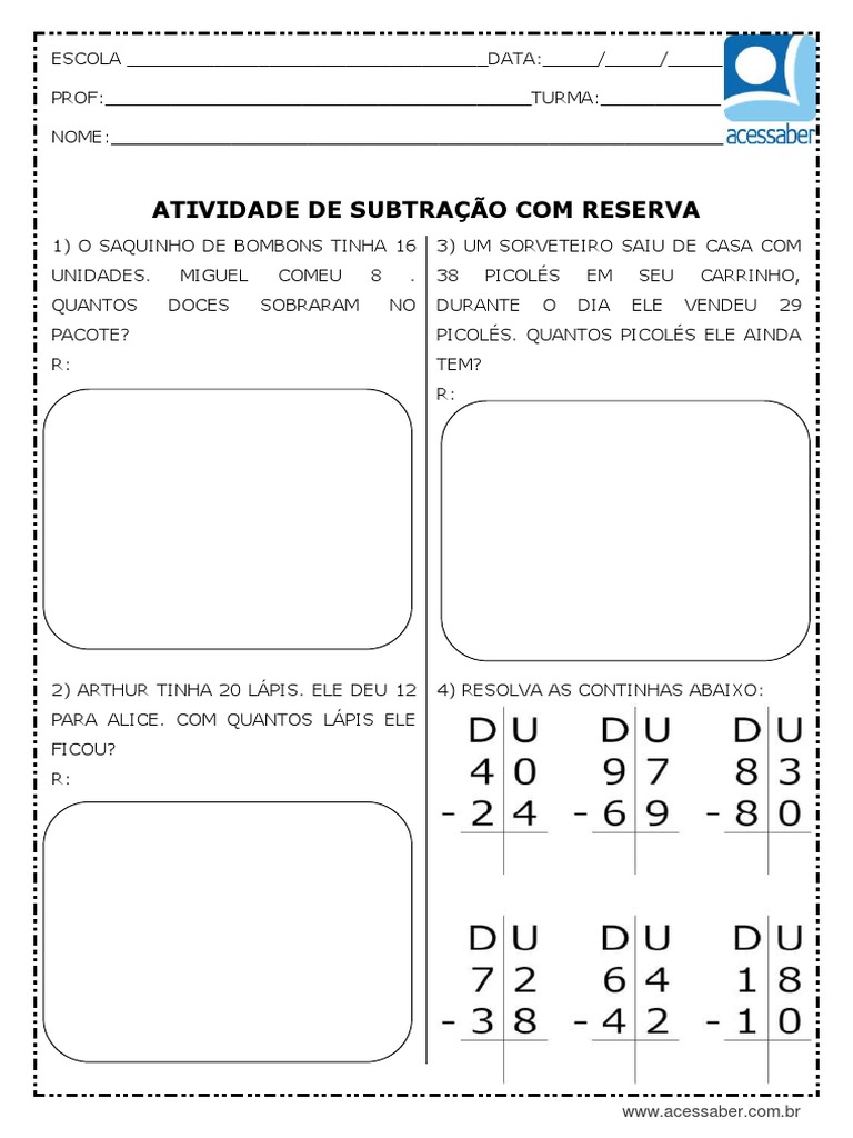 Atividades de Subtração com Reserva 2º Ano | PDF
