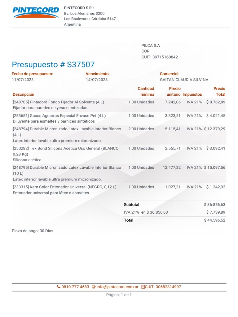 Presupuesto - S37507 (1) Pilca Al 11-07-2023 | PDF