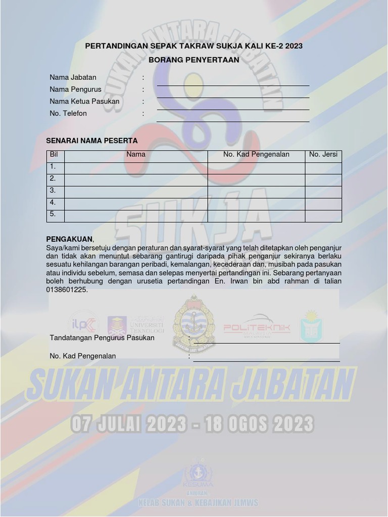 Borang Penyertaan Acara Sepak Takraw Sukja 2023 | PDF