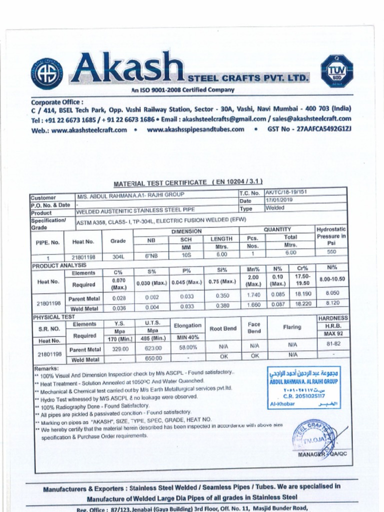 6 Inch Pipe and Elbow MTC | PDF