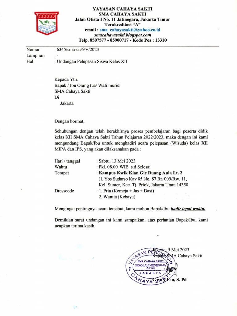 Surat undangan graduation 2022 2023 orangtua xii pdf
