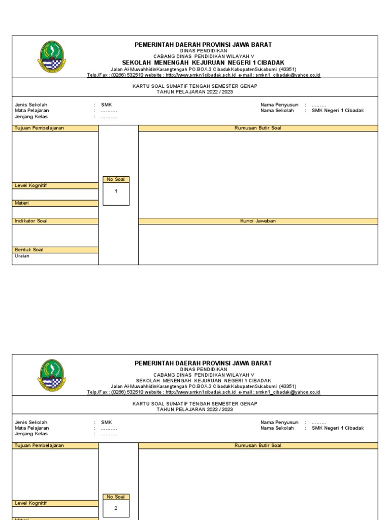 Contoh Format Kartu Soal Pdf
