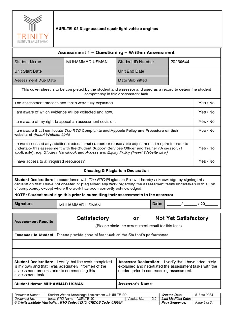 AURLTE102 - Written Knowledge Questioning - Assessment Task1 - V2 | PDF ...