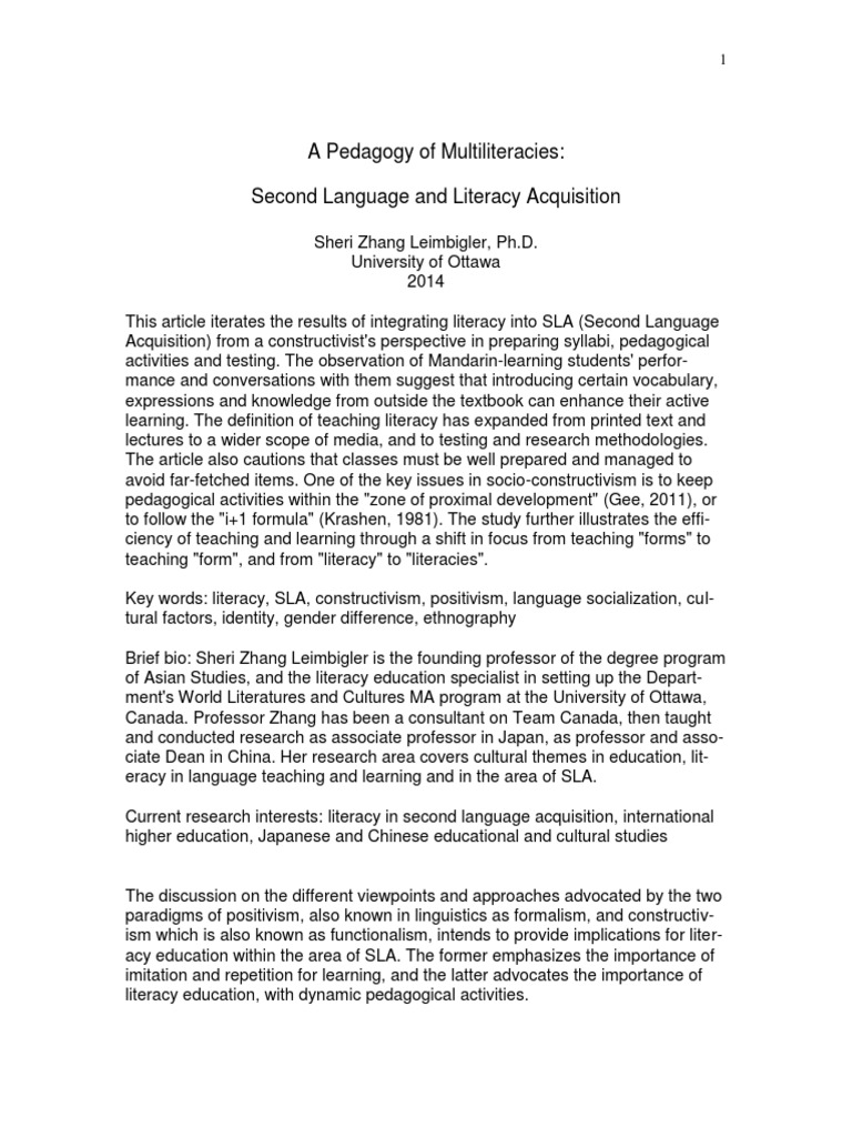 Multiliteracies in Second Language Acquisition | PDF | Second Language ...