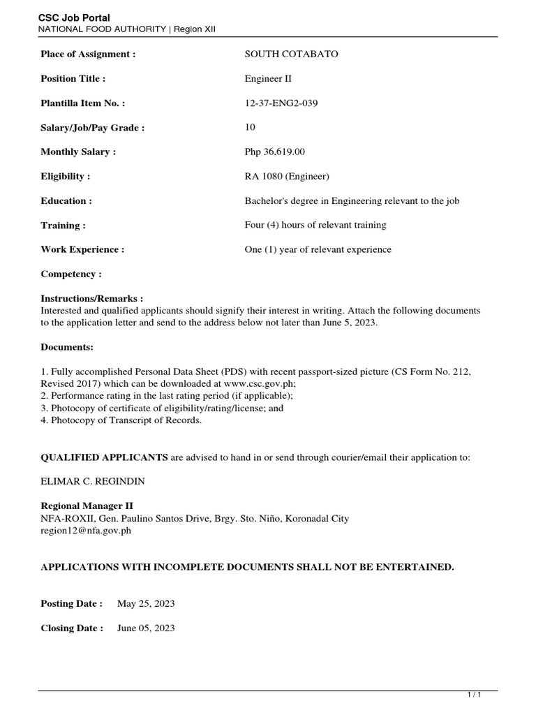 Engineer II Position at NFA Region XII | PDF