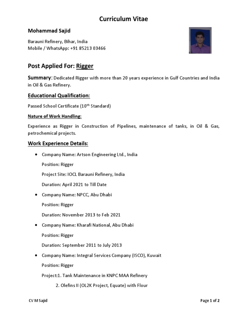 Rigger CV of Mohammad Sajid | PDF