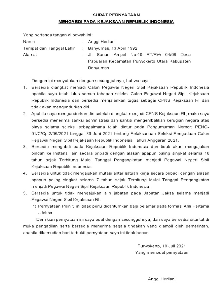 Surat Pernyataan Siap Mengabdi Pada Kejaksaan Ri | PDF