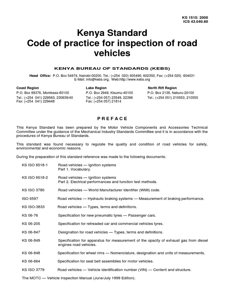 Kenya Standard Code of Practice For Inspection of Road Vehicles PDF