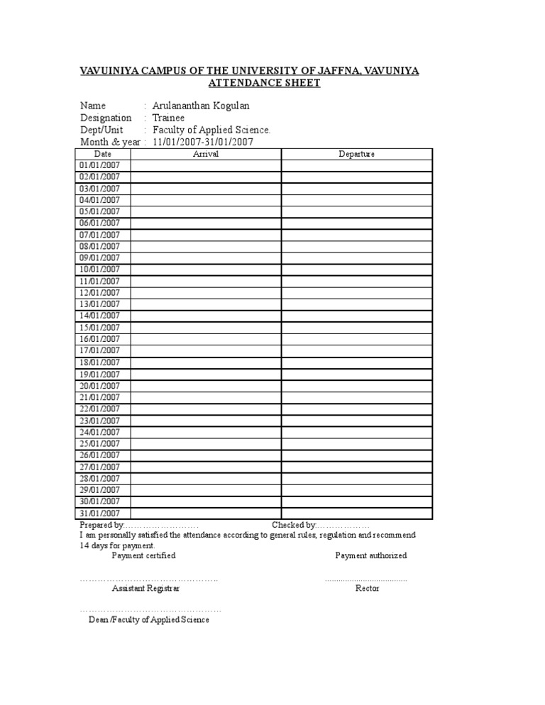 example attendance sheet for on the job training students 2019 employee calendar free download