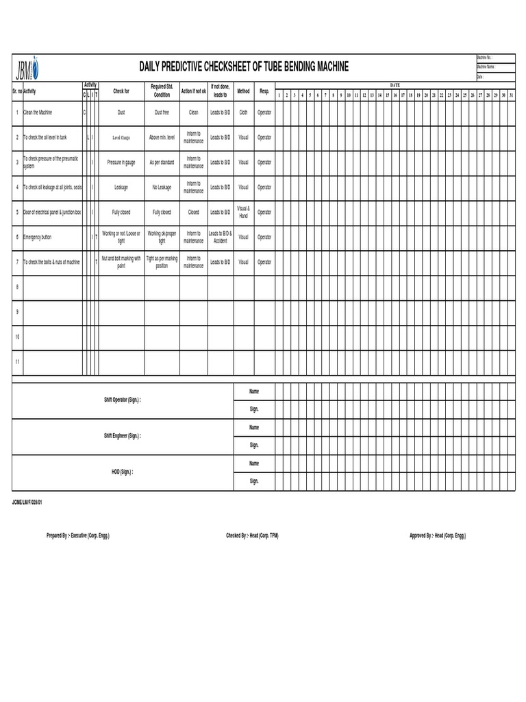 240 Preventive Check Sheet of Tube Bending Machine Re PDF Pump Mechanical Engineering