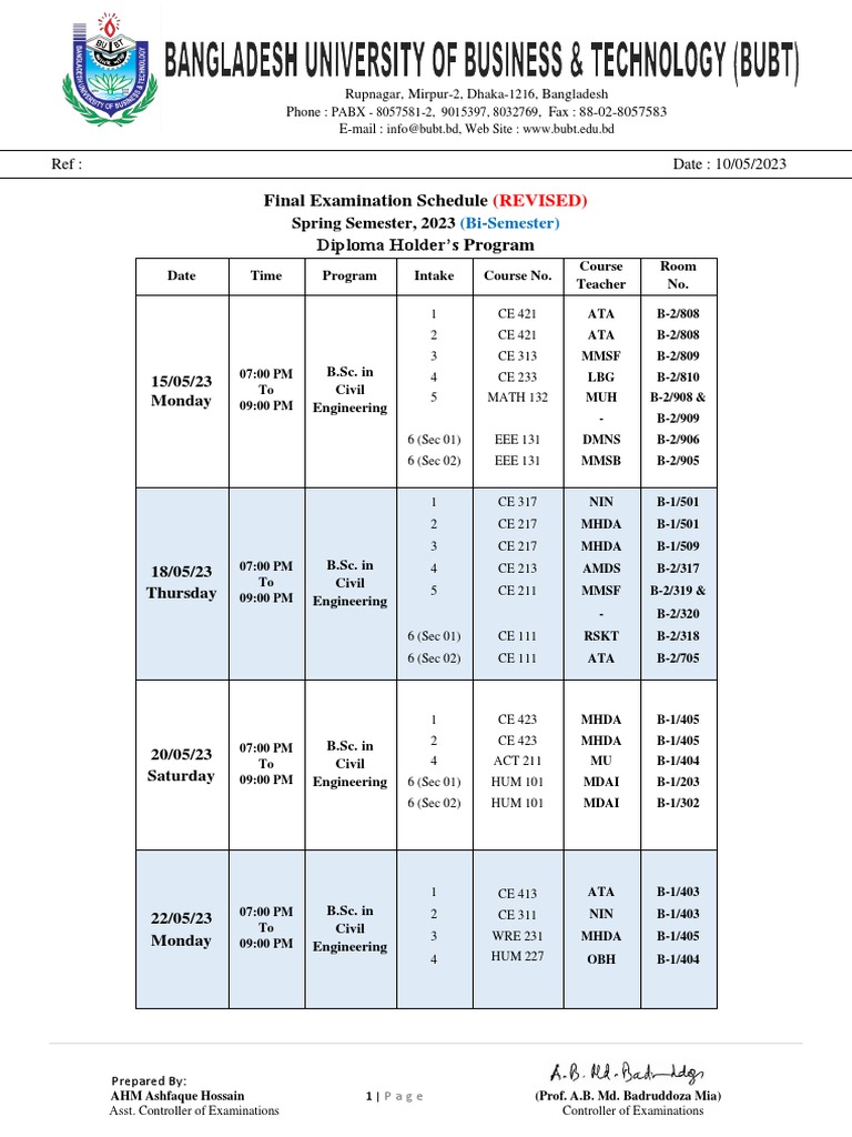 Revised Final Examination Schedule, Spring 2023 (Bi-Semester), Evening