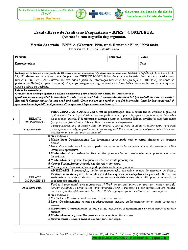 Escala Breve de Avaliação Psiquiátrica BPRS-A | PDF | Depressão | Ansiedade