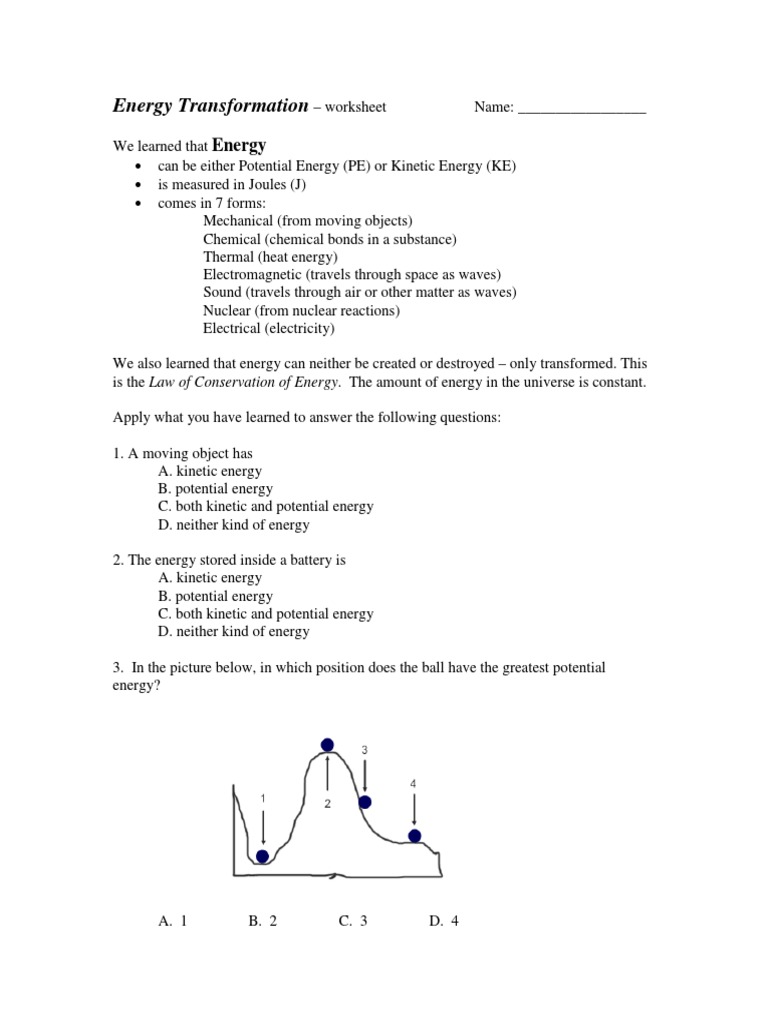 Energy Transformation Worksheet | PDF | Potential Energy | Kinetic Energy