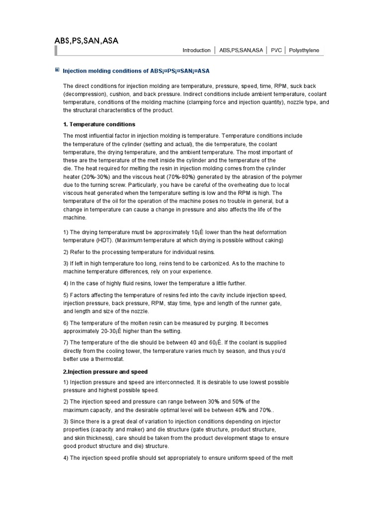 ABS, PS, SAN, ASA Injection Molding Guide | PDF | Process Engineering ...