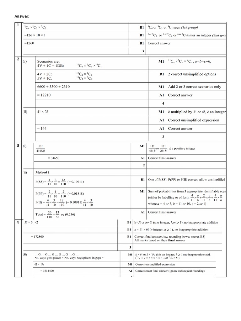 Permutation and Combination Tutorial Asnwer PDF