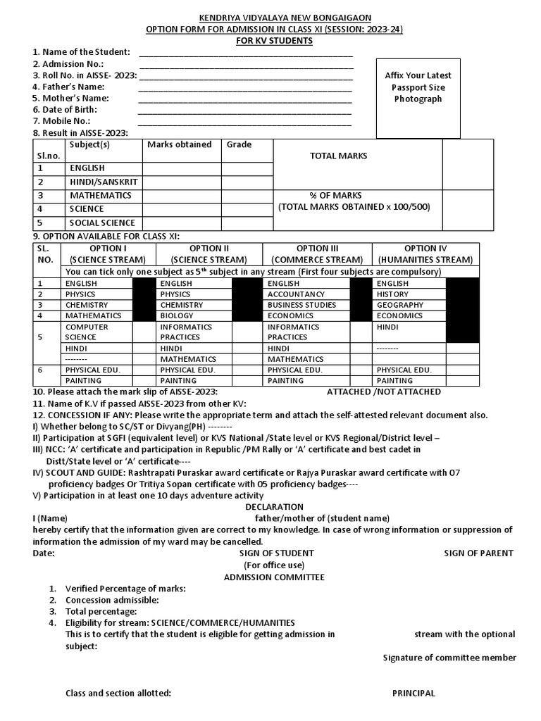 Option Form For KV 2023-24 | PDF | Business