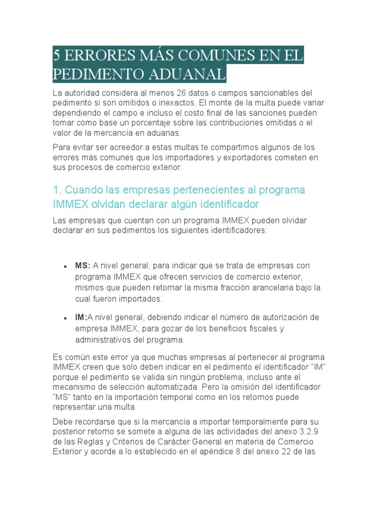 Errores Comunes en Pedimentos de Importación | PDF | Negocios ...