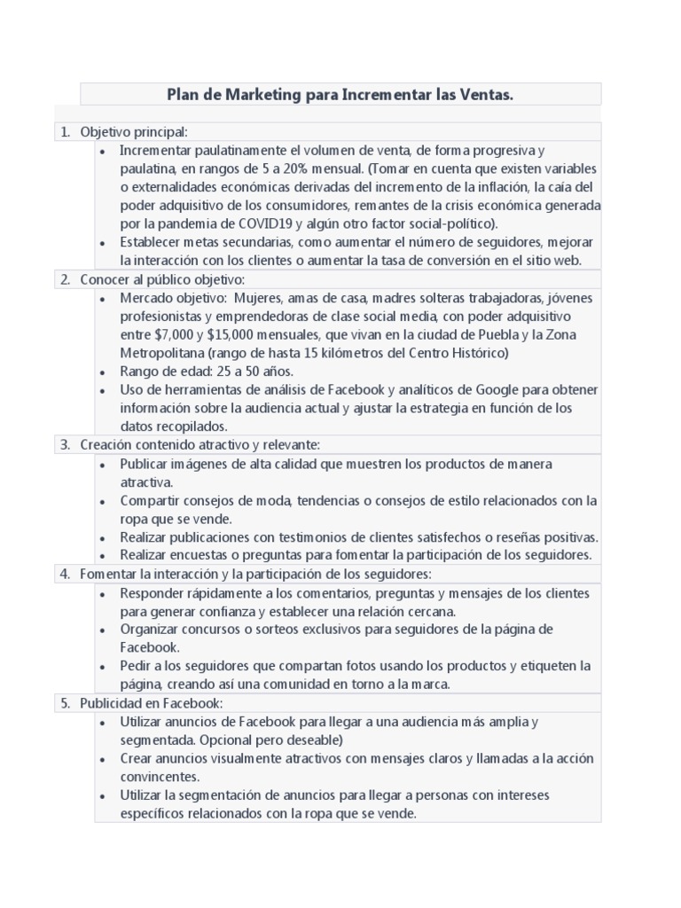 Plan de Marketing para Aumentar Ventas | PDF | Facebook | Marketing