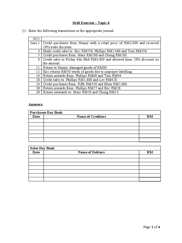 Drill Exercise Topic 4 | PDF | Debits And Credits | Cash