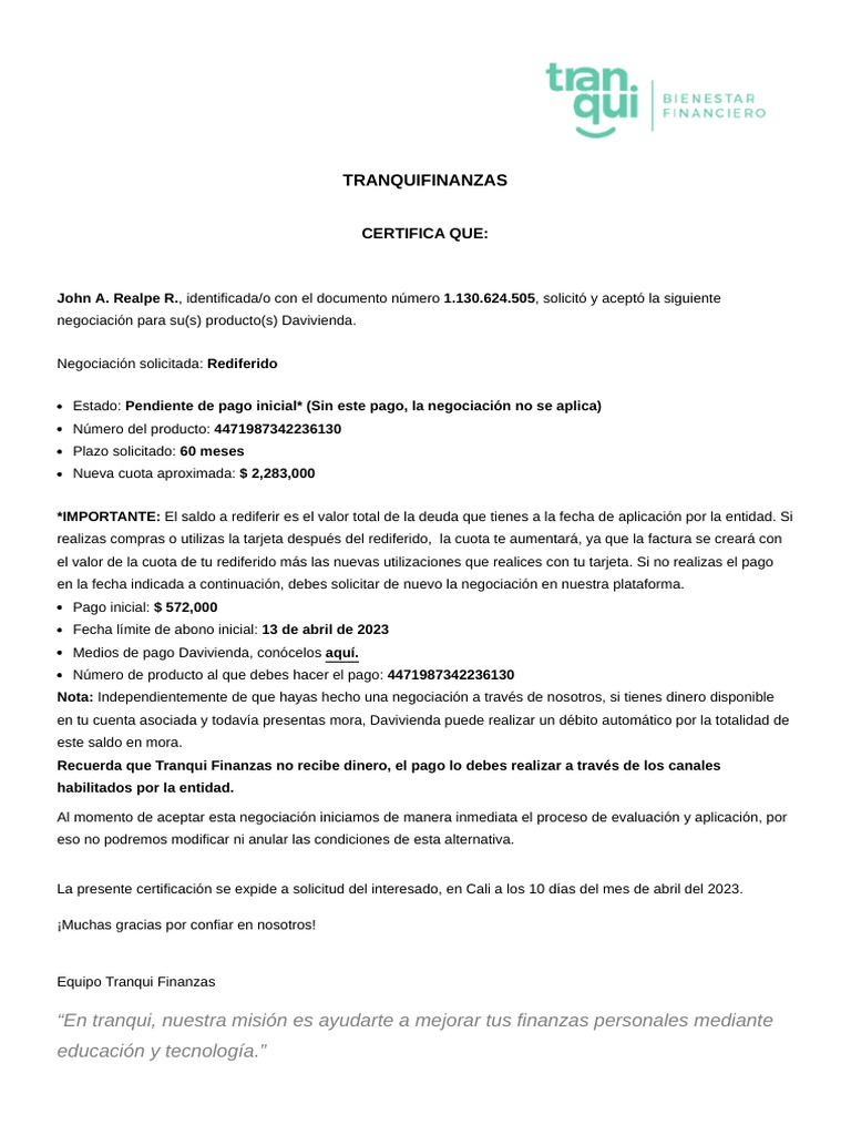 Negociación Pendiente de Tranqui Finanzas | PDF | Finanzas y dinero