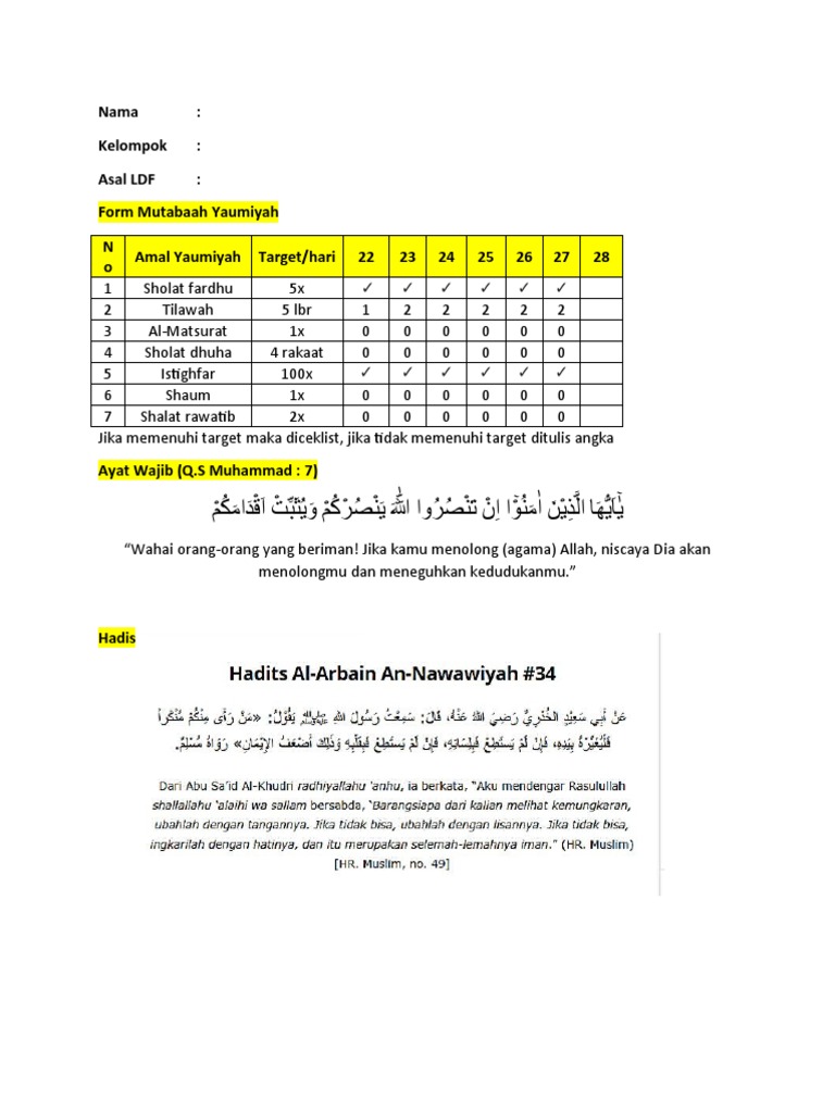 Form Mutabaah Yaumiyah Dan Hapalan | PDF