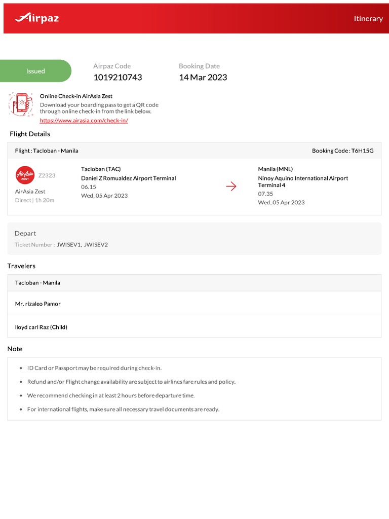 Airpaz Flight Itinerary 1019210743 | PDF