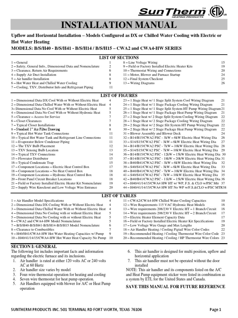 SunTherm 61BAB41 B15 Air Handler Installation Manual | PDF | Duct (Flow) |  Water Heating