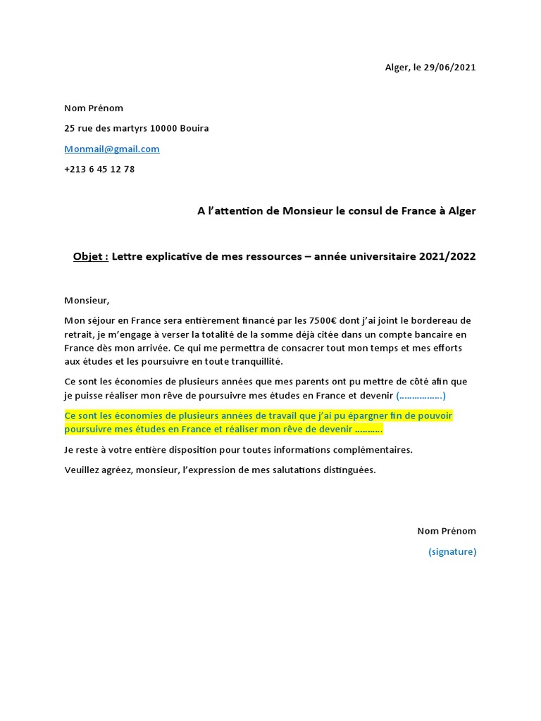 Lettre explicative des ressources financières | PDF | Arts du langage ...