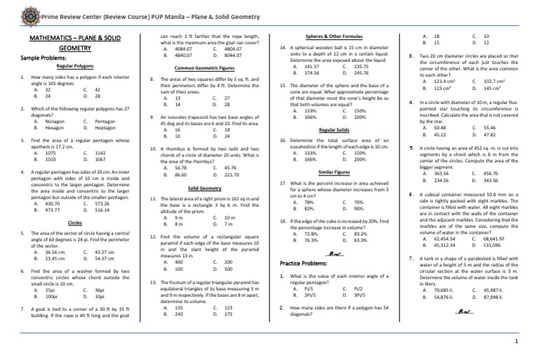 Solid Geometry Problem Solutions | PDF | Area | Sphere