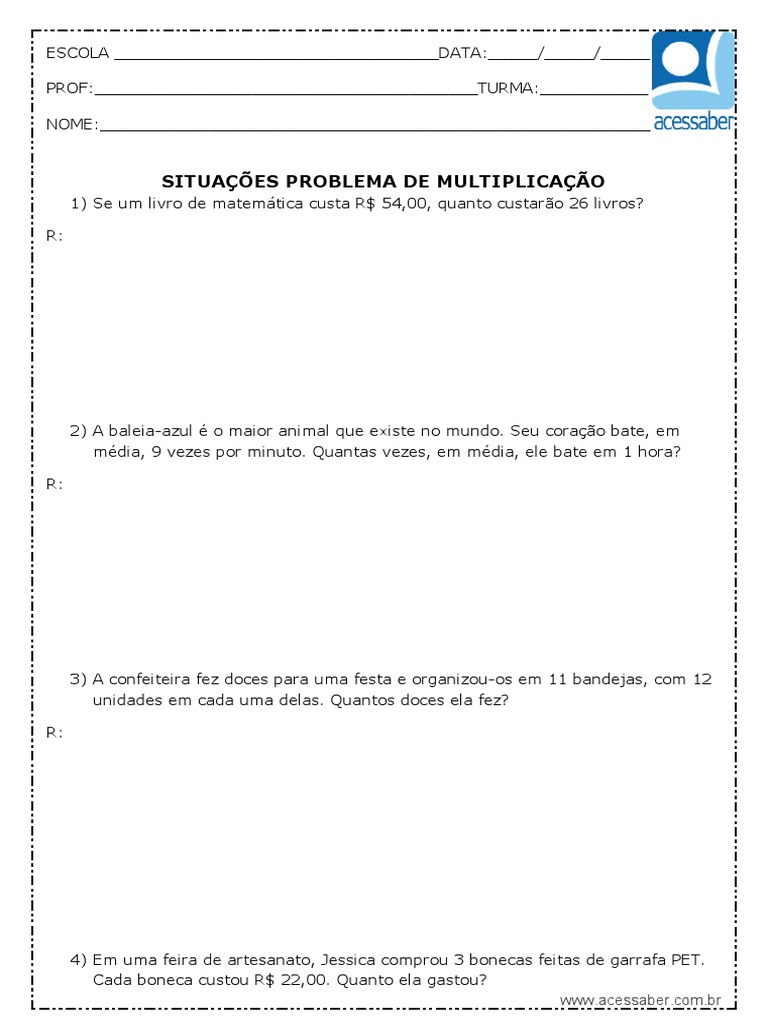 Atividade de Matematica Situacoes Problema de Multiplicacao 5 Ano e 6 ...