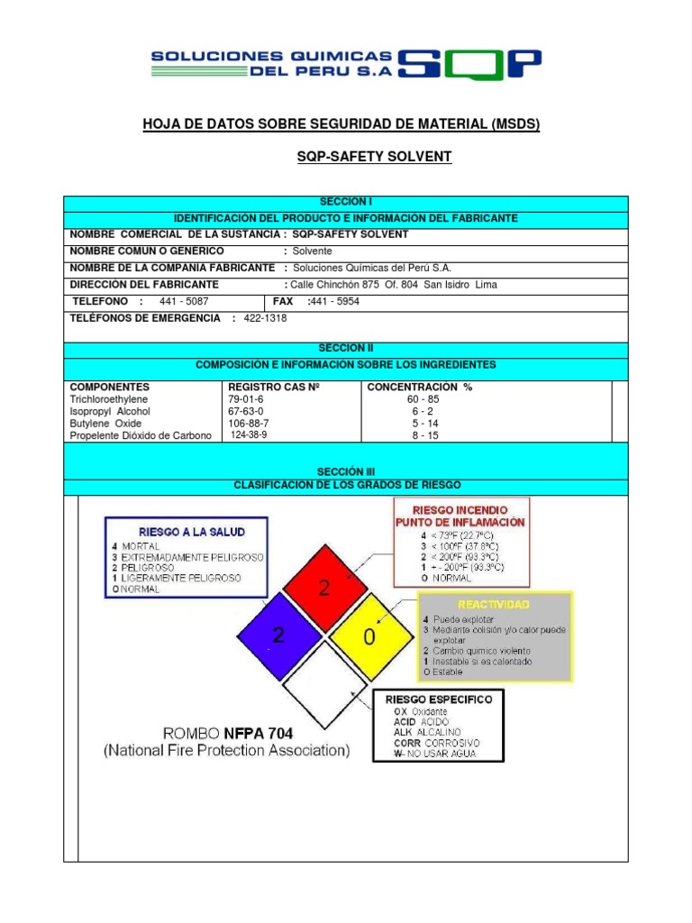 MSDS: SQP Safety Solvent Inflamable | PDF | Agua | Química