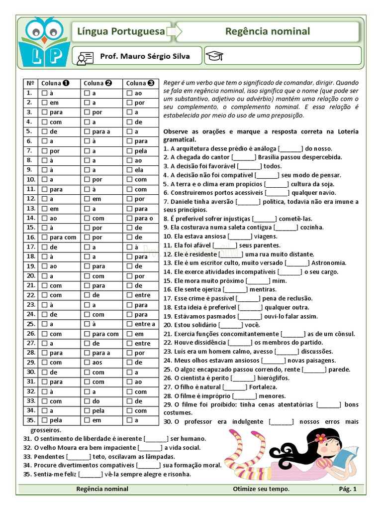 Exercícios de Regência Nominal 9º Ano | PDF | Ciência cognitiva | Sintaxe