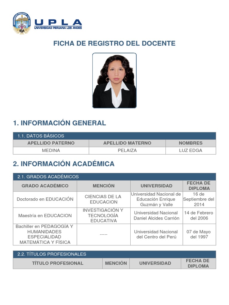 Ficha de Registro del Docente Medina Luz Edga | PDF | Universidad ...