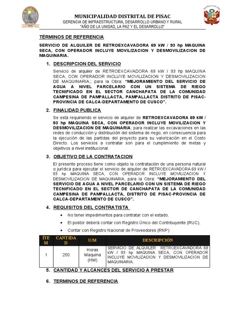 Alquiler de Retroexcavadora en Pisac | PDF