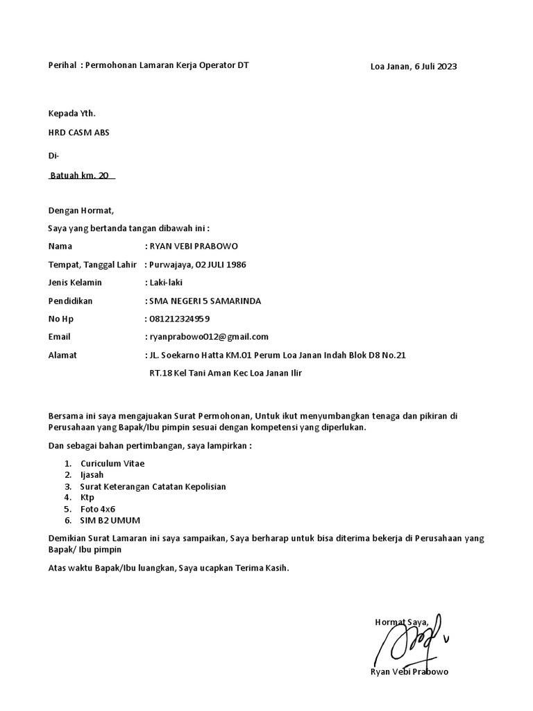 Lamaran Kerja Operator DT Ryan Prabowo | PDF