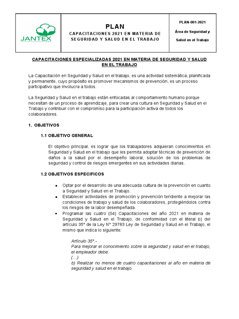 Plan Anual de Capacitaciones en Materia de SST-2021 | PDF | Seguridad y ...