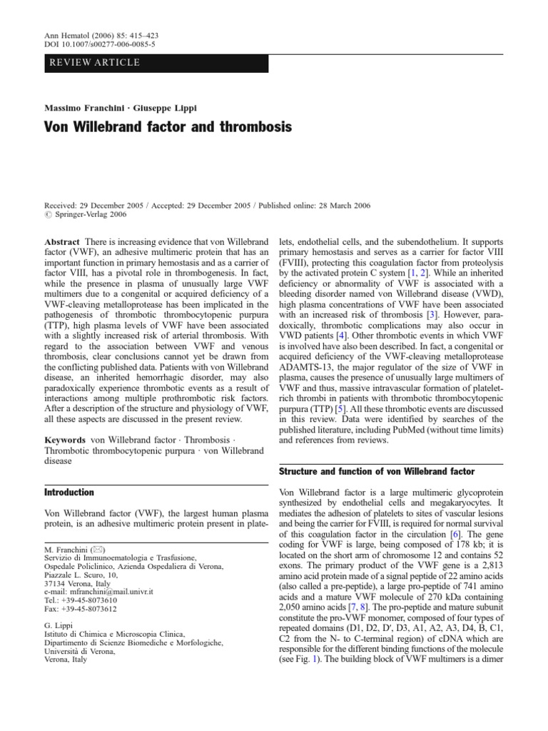 Role of Von Willebrand Factor in Thrombosis | PDF | Thrombosis | Platelet