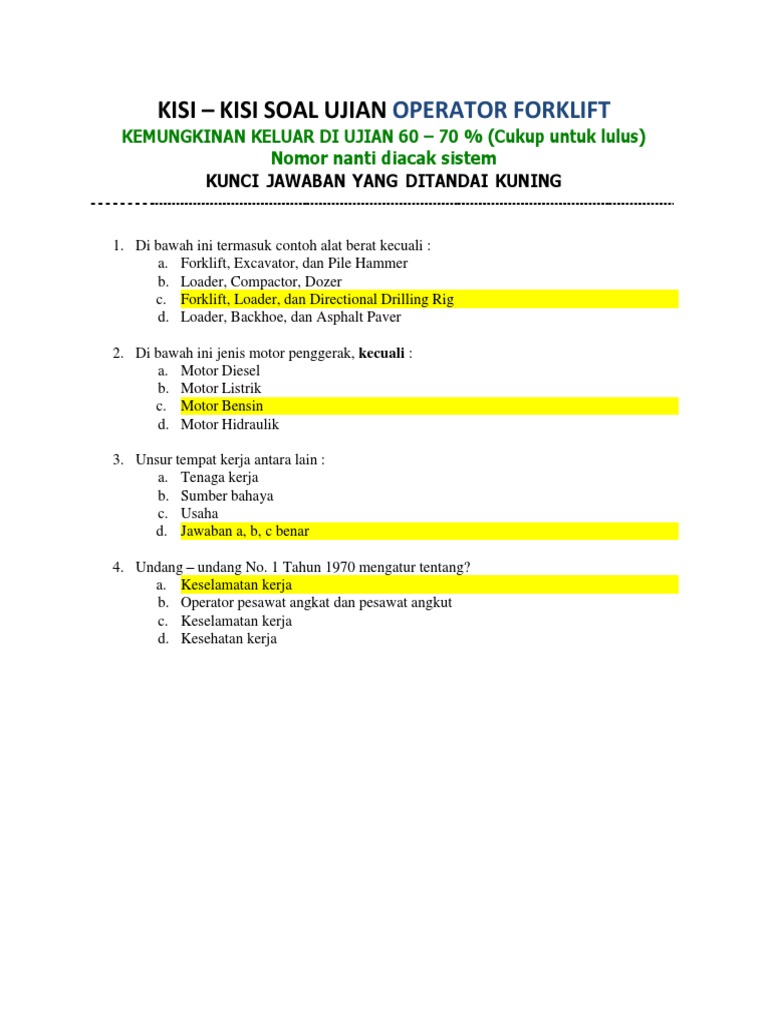 Soal Ujian Operator Forklift (Prediksi) New | PDF
