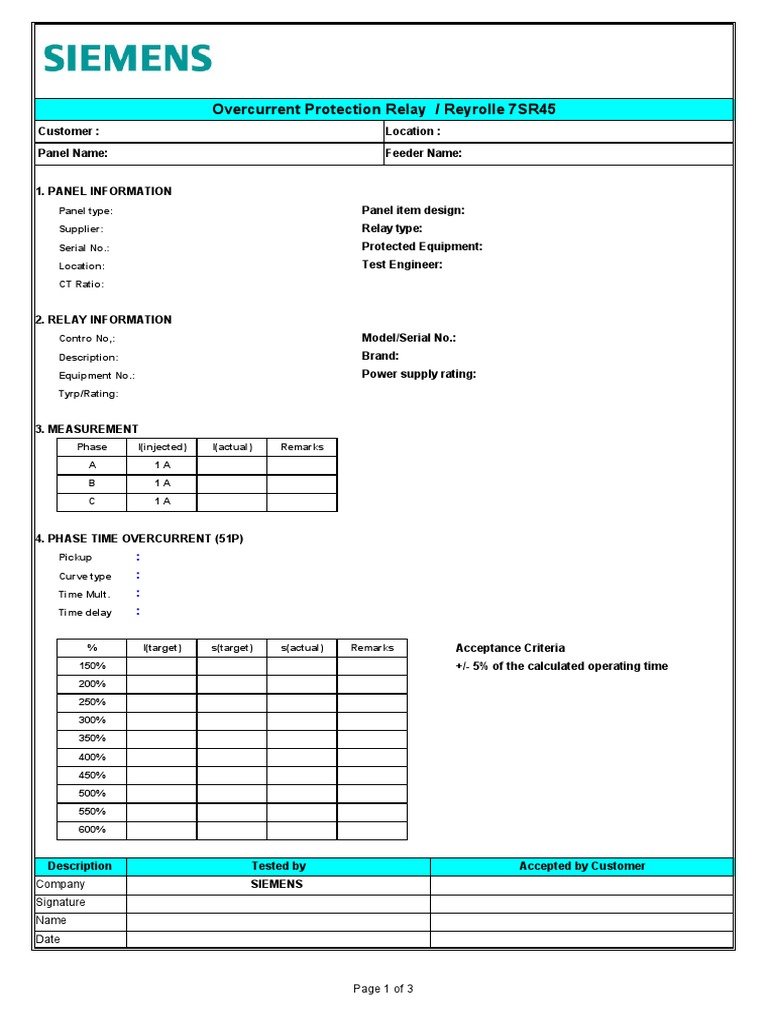 Siemens 7SR45 Relay Test Report | PDF | Electrical Engineering