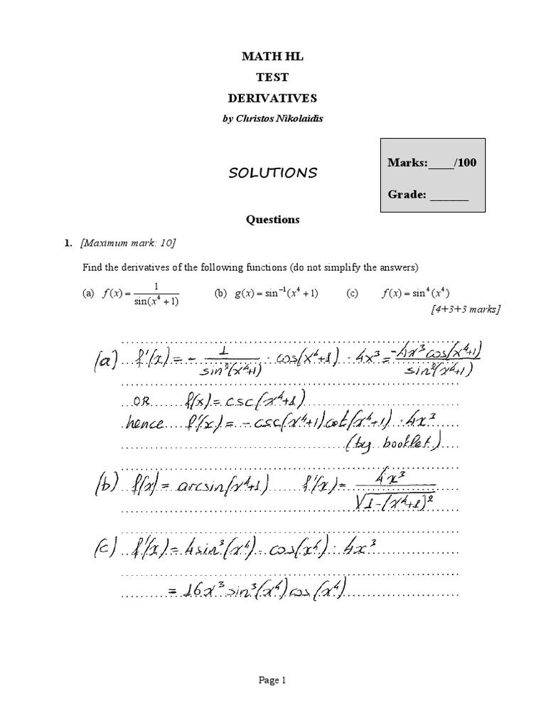 TEST 5. Derivatives 2 (SOLUTIONS) | PDF | Derivative | Triangle