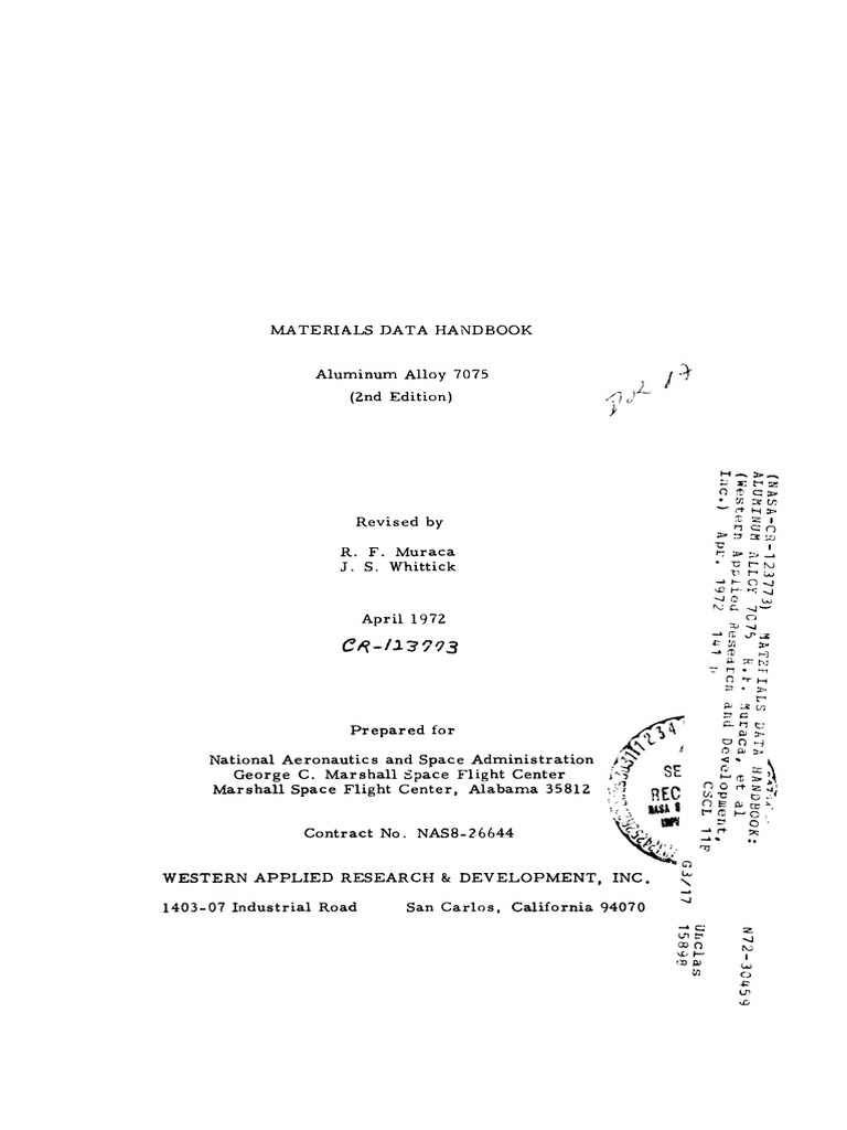 Materials Data Handbook Al7075 Nasa PDF Heat Treating Mechanical