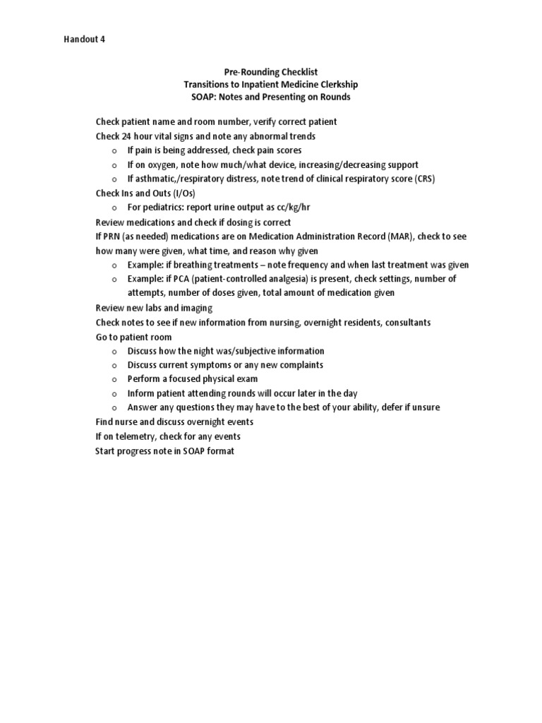 Pre-Rounding Checklist for Inpatient Medicine | PDF