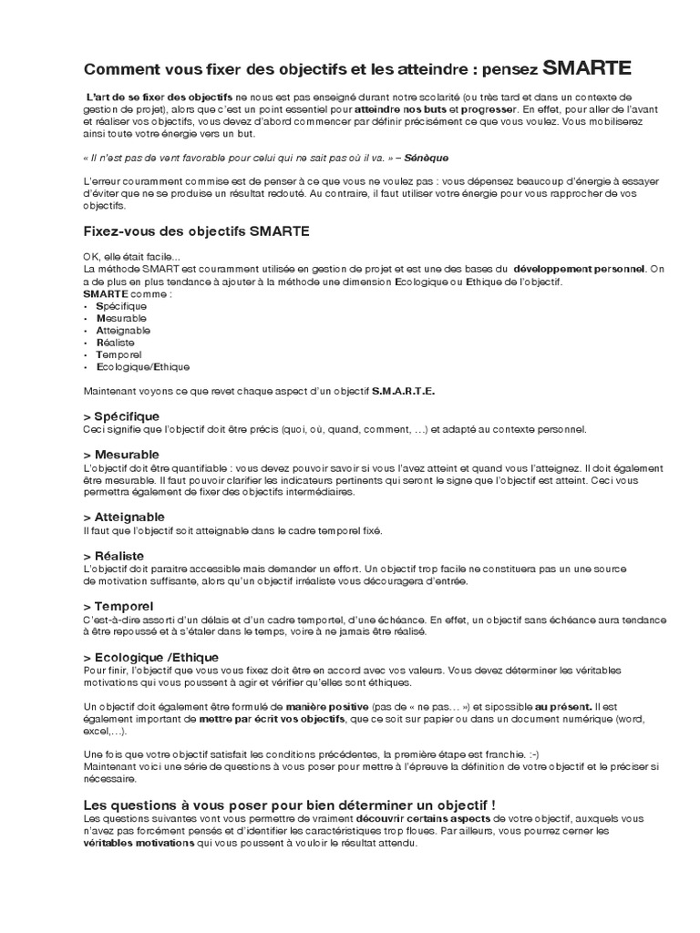 Fixer et atteindre vos objectifs SMARTE | PDF | Gestion de projet ...