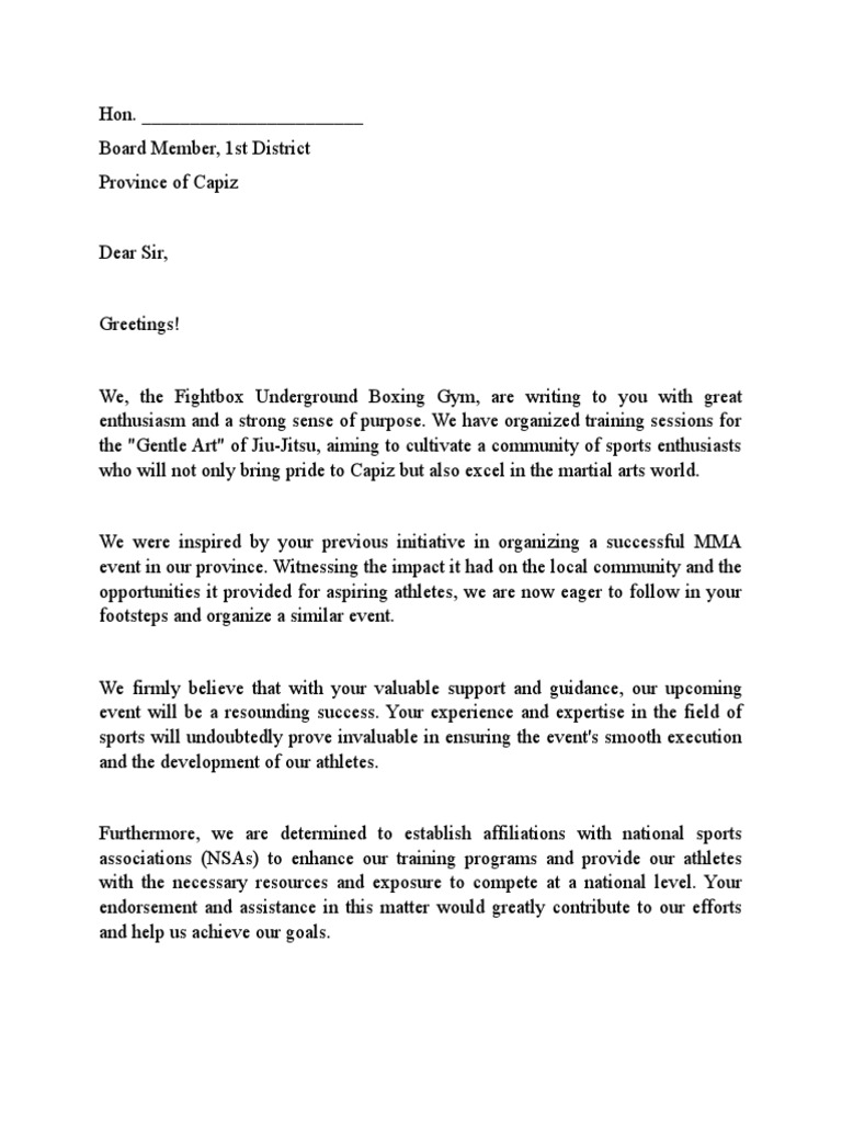 Sample Letter To Support Sports PDF