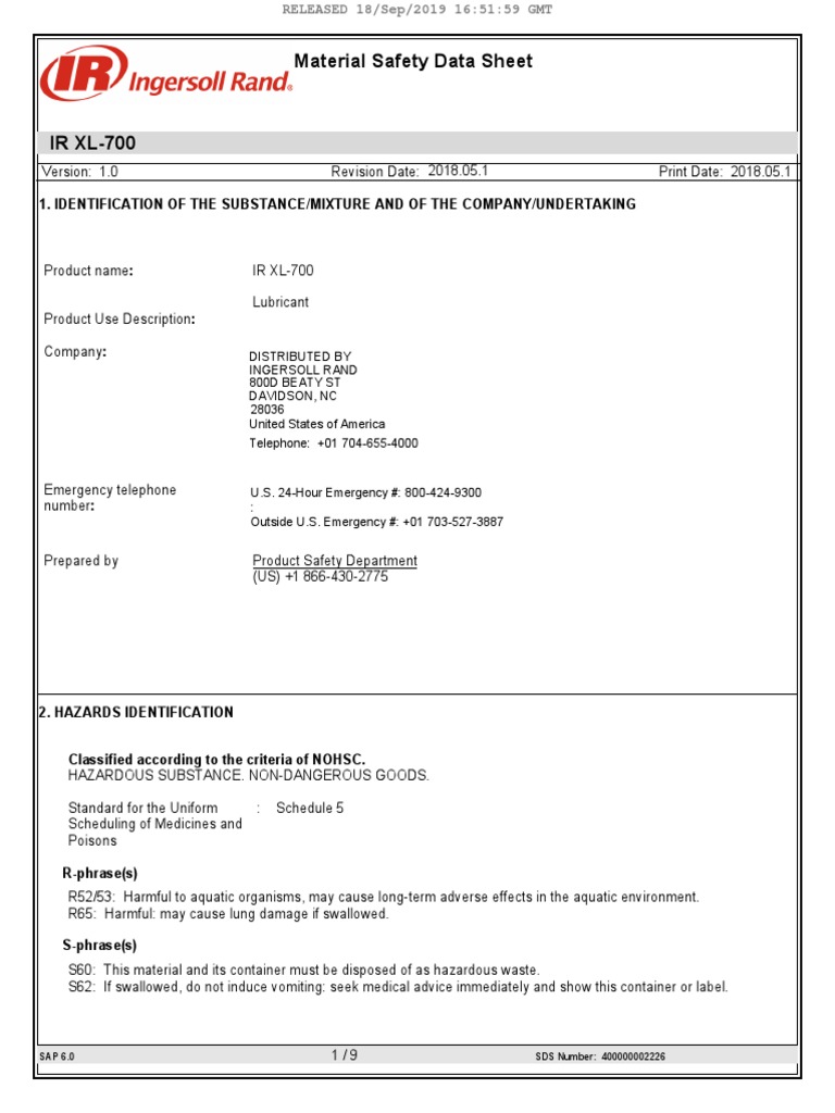 Ingersoll Rand Lubricant XL 700 PDF Dangerous Goods Firefighting