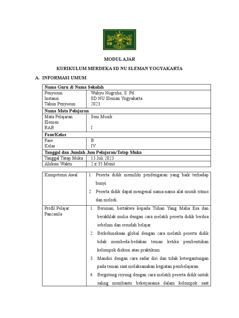 Modul Ajar Seni Musik BAB 1 Pertemuan 1 | PDF | Karier & Perkembangan ...