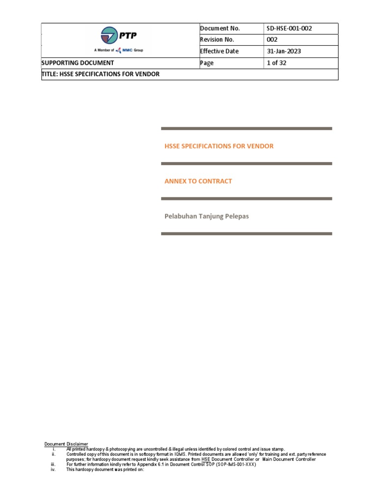 HSSE Vendor Specifications Document | PDF | Occupational Safety And ...
