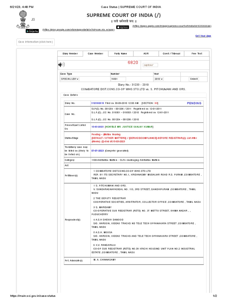 Case Status SUPREME COURT OF INDIA PDF Judiciaries Justice